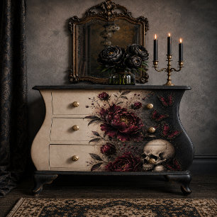 Dark Gothic Skull & Burgundy Peonies Decoupage Pap Tissue Paper