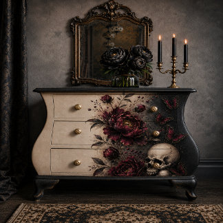 Dark Gothic Skull & Burgundy Peonies Decoupage Pap Tissue Paper