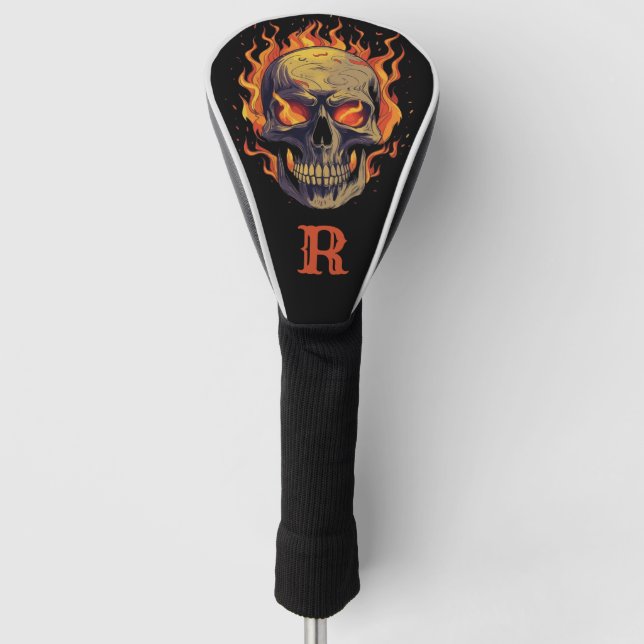 Dark Gothic Skull in Flames Monogram Initial Golf Head Cover (Front)