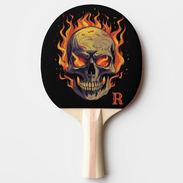 Dark Gothic Skull in Flames Monogram Initial Ping Pong Paddle (Front)