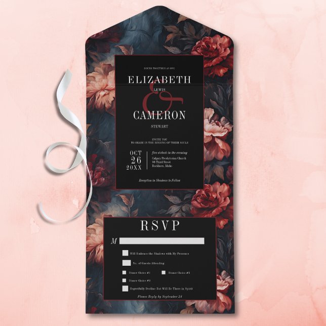 Dark Gothic Vintage Red & Pink Floral Dinner All In One Invitation (Dark Gothic Vintage Red & Pink Floral All in One Wedding Invitation with Dinner Options)