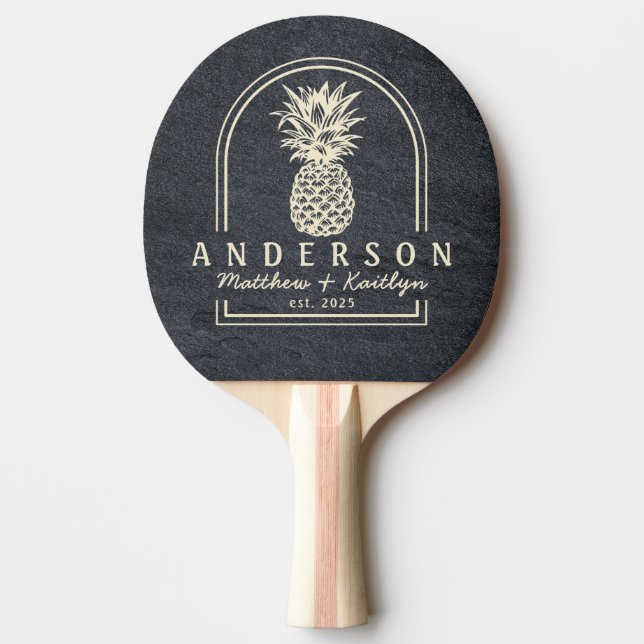Dark Granite Stone Pineapple Wedding Arch & Name Ping Pong Paddle (Front)