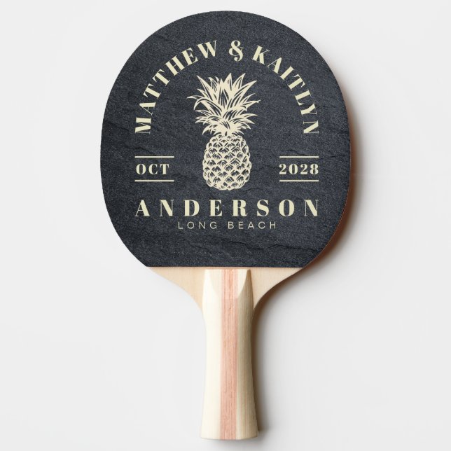 Dark Granite Stone Tropical Pineapple Wedding Ping Pong Paddle (Back)