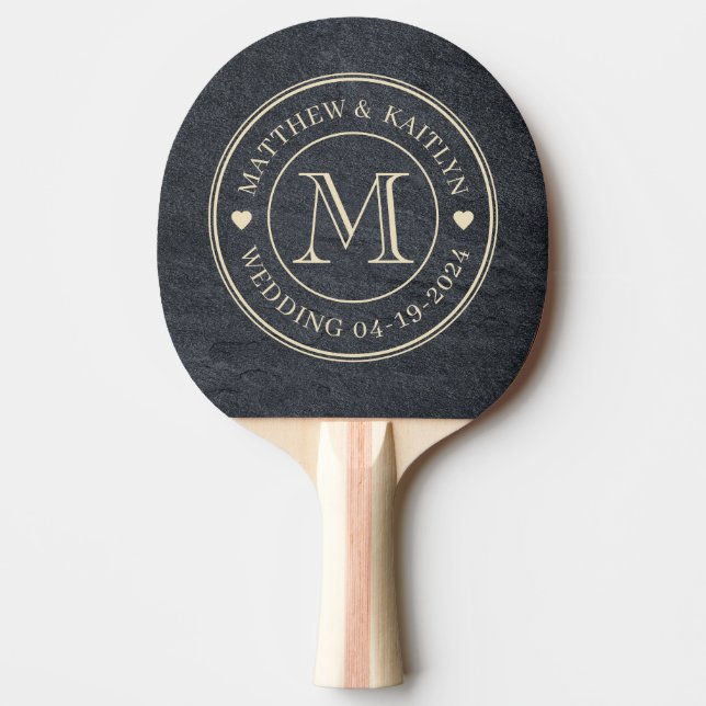 Dark Granite Stone Wedding Monogram Heart Ping Pong Paddle (Front)