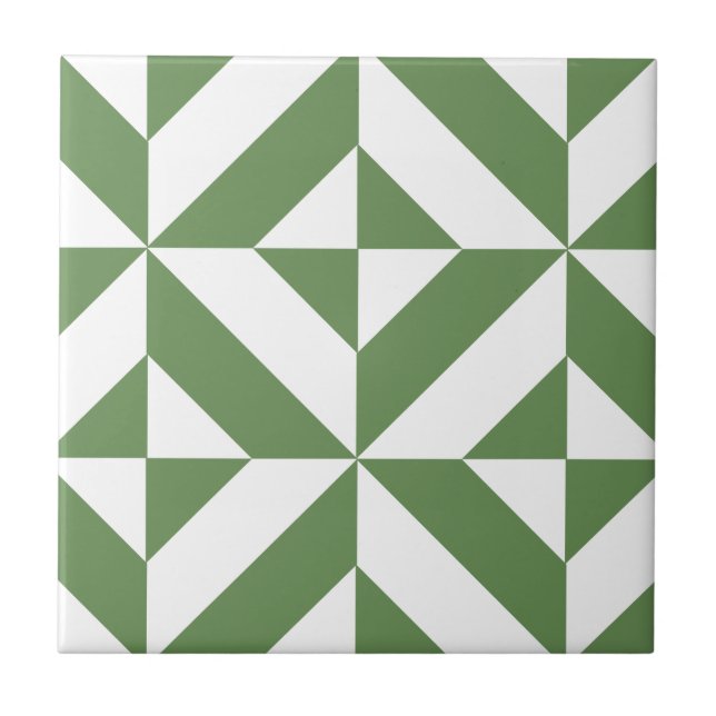 Dark Grass Green Geometric Deco Cube Pattern Ceramic Tile (Front)