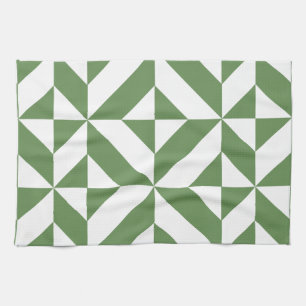 Dark Grass Green Geometric Deco Cube Pattern Tea Towel