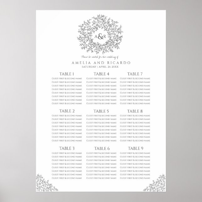 Dark gray leaves circle wedding seating chart (Front)