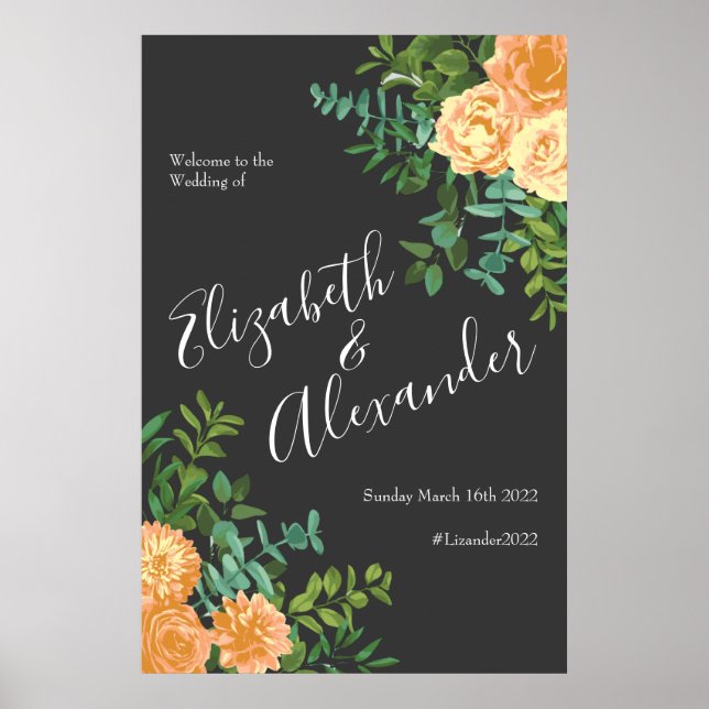 Dark Gray Peach Wedding Modern Floral Poster (Front)