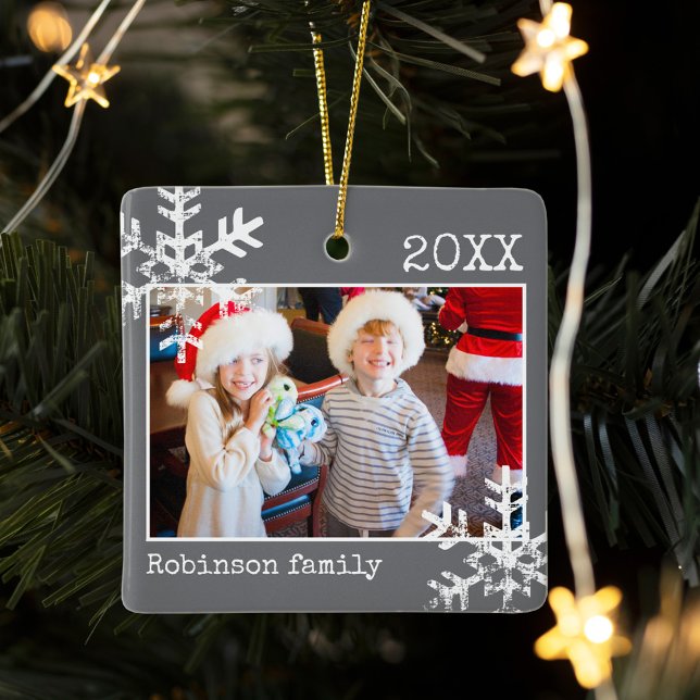 Dark Gray Photo Border White Snowflakes Holiday Ceramic Ornament (Rustic snowflake family holiday keepsake photo ornament perfect for gifts to bring joy to others.)