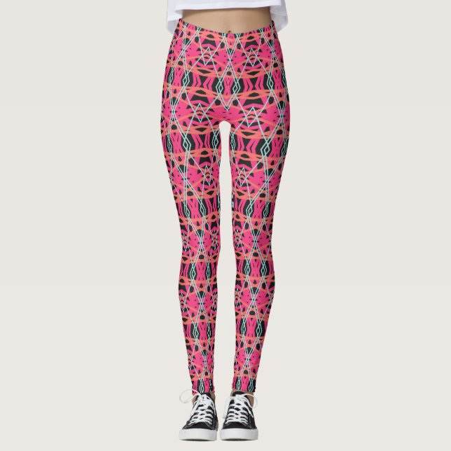 Dark Gray Pink Blue Funky Deco Pattern Gym Yoga Leggings (Front)
