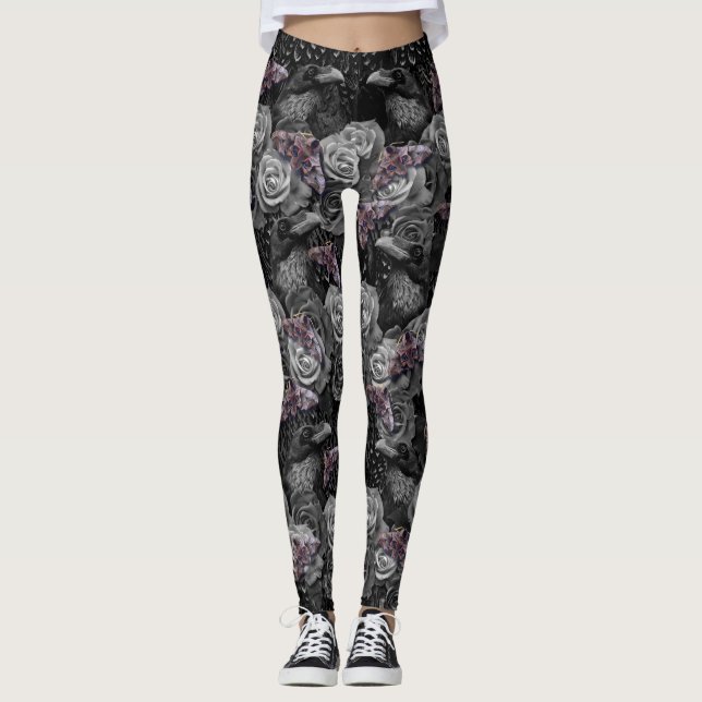 Dark Gray Raven Evermore with Roses and Hawkmoths Leggings (Front)