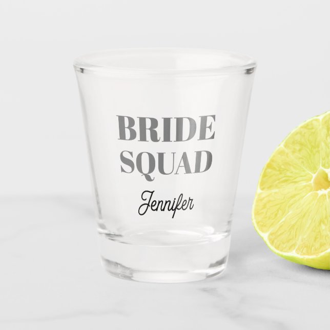 Dark Gray Wedding Bride Squad Personalized Shot Glass (Front)