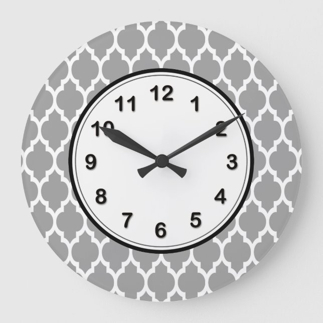 Dark Gray White Moroccan Quatrefoil Pattern #4 Large Clock (Front)