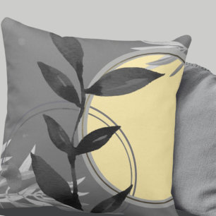 Dark Gray & Yellow Zen Watercolor Leaves Cushion