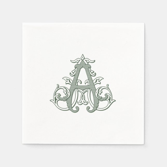 Dark Green "A" Monogram Cocktail Napkins (Front)