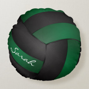 Dark Green and Black Volleyball   Personalise Round Cushion