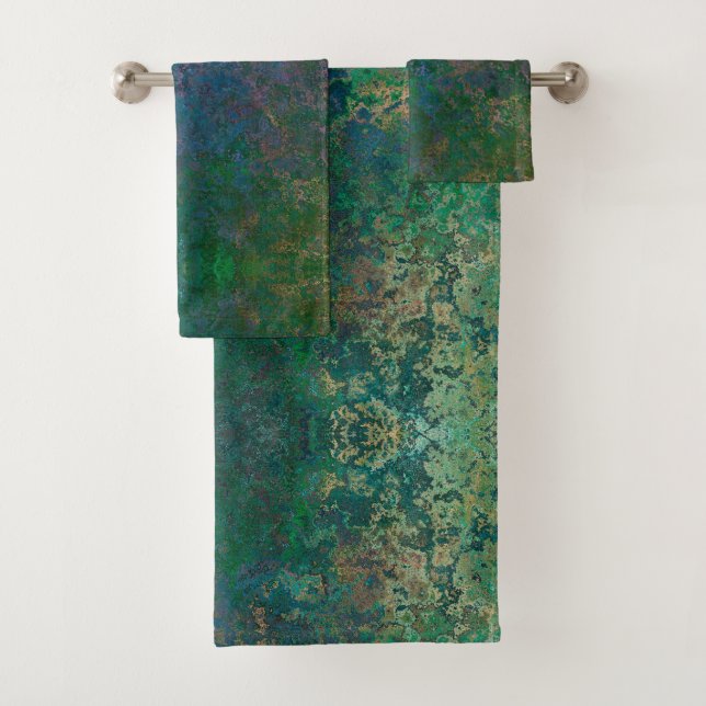 Dark Green and Blue Alcohol Ink Abstract Bath Towel Set (Insitu)