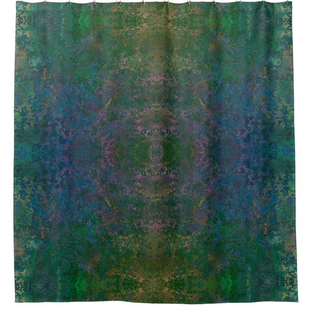 Dark Green and Blue Alcohol Ink Abstract Shower Curtain (Front)