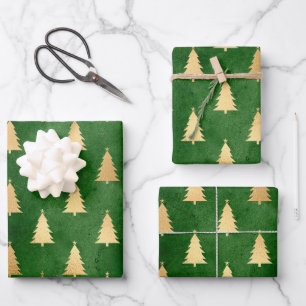 Dark Green and Gold Christmas Trees Wrapping Paper Sheet
