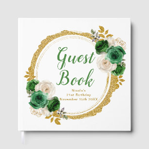 Dark Green and Gold Elegant Flowers Birthday Party Guest Book