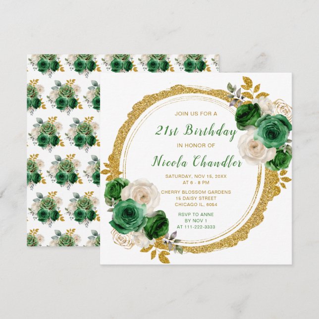 Dark Green and Gold Elegant Flowers Birthday Party Invitation (Front/Back)