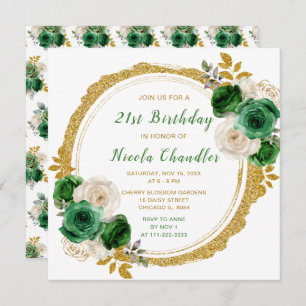 Dark Green and Gold Elegant Flowers Birthday Party Invitation