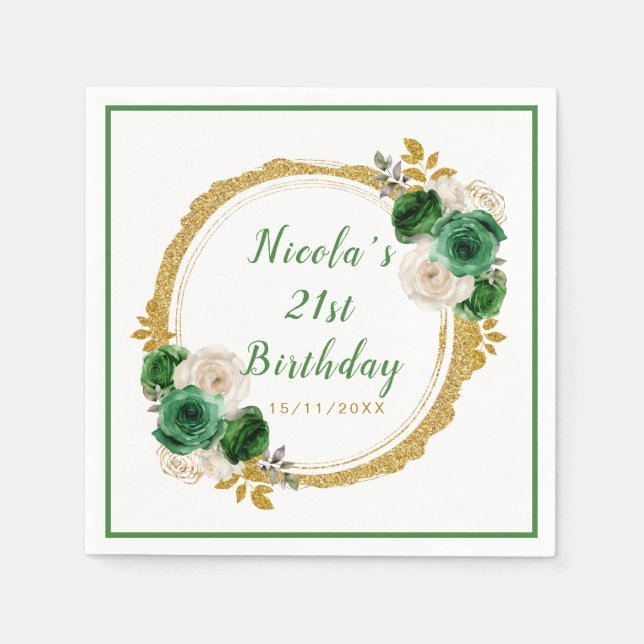 Dark Green and Gold Elegant Flowers Birthday Party Napkin (Front)