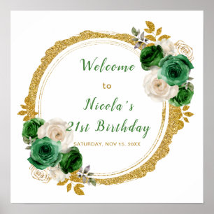 Dark Green and Gold Elegant Flowers Birthday Party Poster