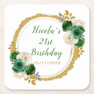 Dark Green and Gold Elegant Flowers Birthday Party Square Paper Coaster