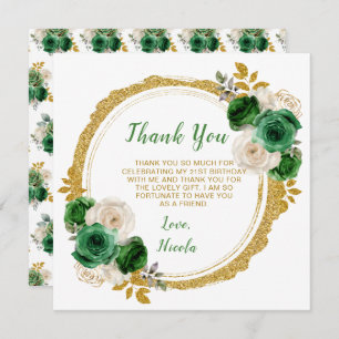 Dark Green and Gold Elegant Flowers Birthday Party Thank You Card