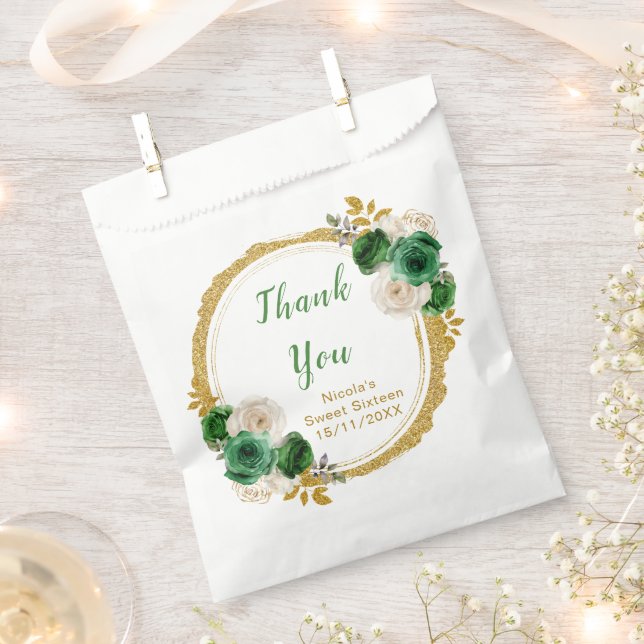 Dark Green and Gold Elegant Flowers Sweet Sixteen Favour Bag (Clipped)