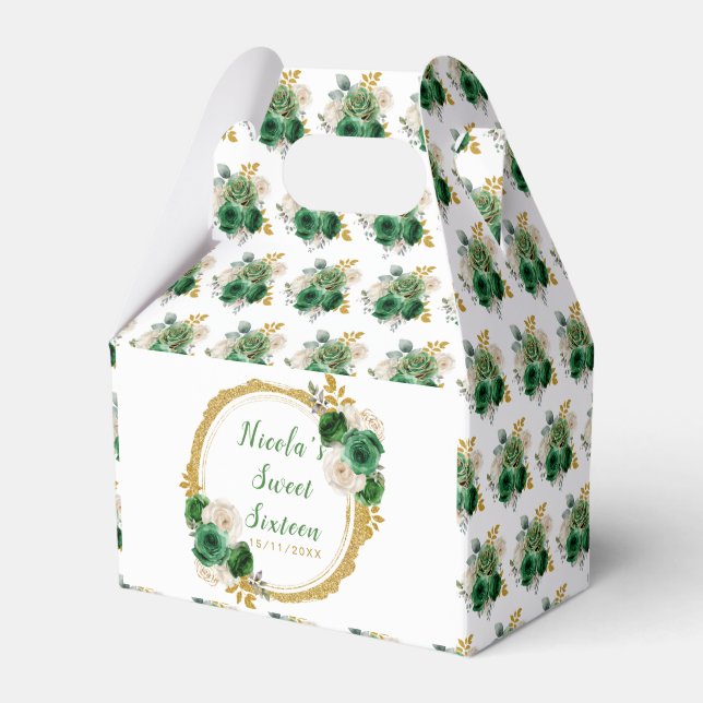 Dark Green and Gold Elegant Flowers Sweet Sixteen Favour Box (Front Side)