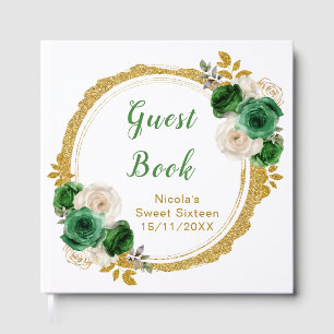 Dark Green and Gold Elegant Flowers Sweet Sixteen Guest Book
