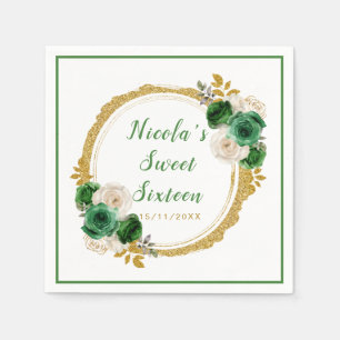 Dark Green and Gold Elegant Flowers Sweet Sixteen Napkin