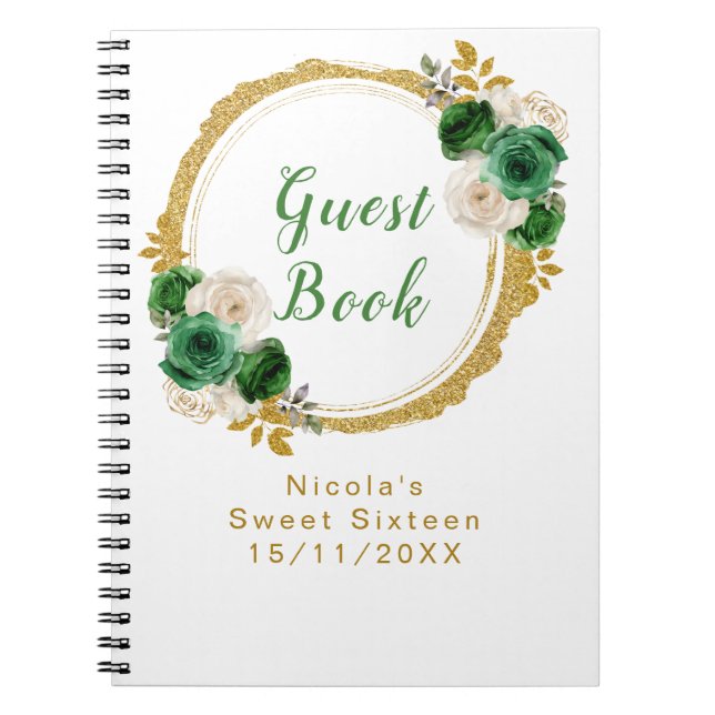 Dark Green and Gold Elegant Flowers Sweet Sixteen Notebook (Front)