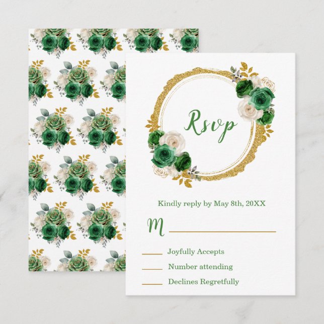 Dark Green and Gold Elegant Flowers Sweet Sixteen RSVP Card (Front/Back)