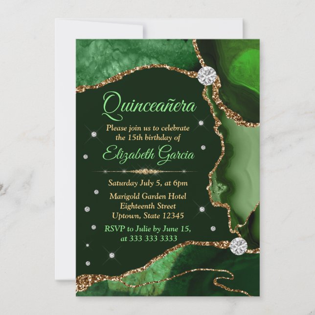 Dark Green and Gold Faux Glitter Agate Quinceanera Invitation (Front)