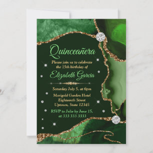 Dark Green and Gold Faux Glitter Agate Quinceanera Invitation