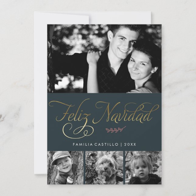 Dark Green and Gold Feliz Navidad Photo Holiday Card (Front)