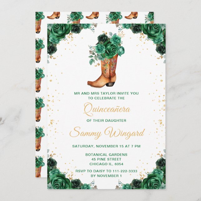 Dark Green and Gold Floral Cowboy Boot Quinceañera Invitation (Front/Back)
