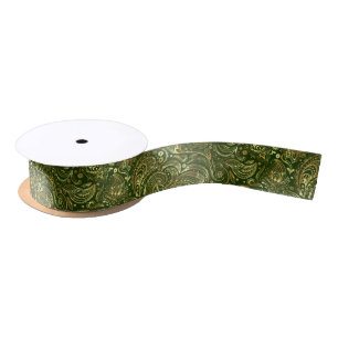 Dark Green and Gold Floral Paisley Patern Satin Ribbon