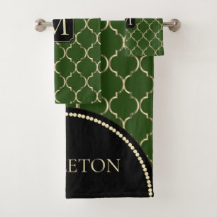 Dark Green and Gold Quatrefoil - Monogram Bath Towel Set