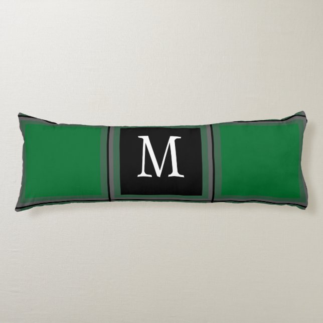 Dark Green and Grey Custom Single Initial Striped Body Cushion (Front)