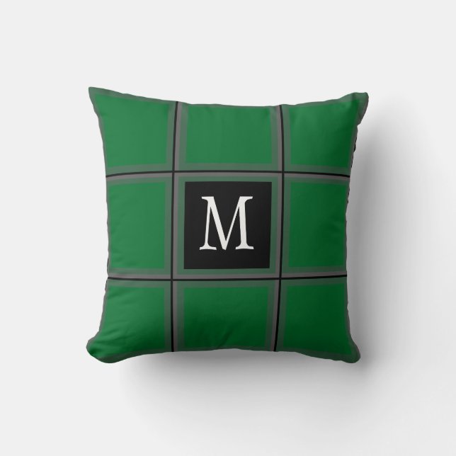 Dark Green and Grey Custom Single Initial Striped  Cushion (Front)