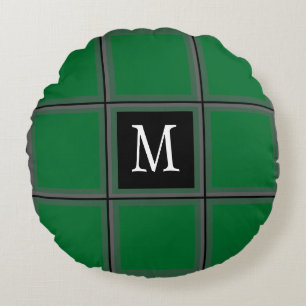 Dark Green and Grey Custom Single Initial Striped Round Cushion