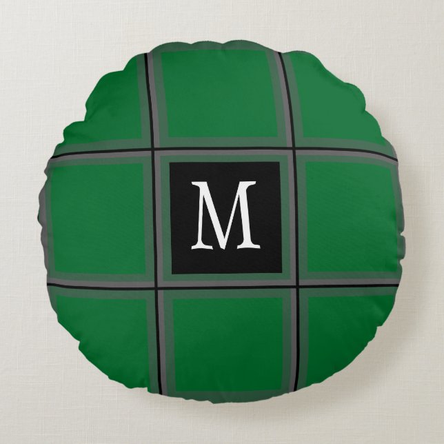 Dark Green and Grey Custom Single Initial Striped  Round Cushion (Front)