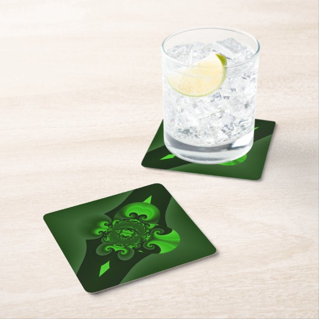 Dark Green And Lime Spiral Wave Square Paper Coaster (Insitu)