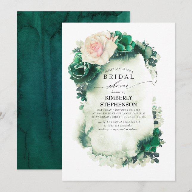Dark Green and Pink Floral Bohemian Bridal Shower Invitation (Front/Back)