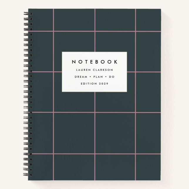Dark Green and Pink Grid Notebook (Front)