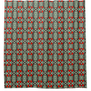 Dark Green and Red Patterned Shower Curtain